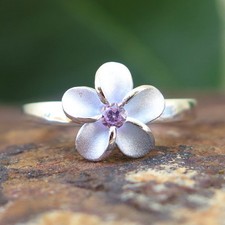 Hawaiian 925 Silver Single Plumeria Flower Pink CZ Wedding Ring Band 10mm SR2022