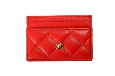Versace True Red 100% Quilted Leather Gold Medusa Card Case Holder