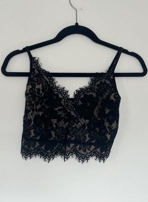 Oberteil Top mit Spitze Schwarz Hautfarben Nude Crop Spaghettiträger Gr. M 38
