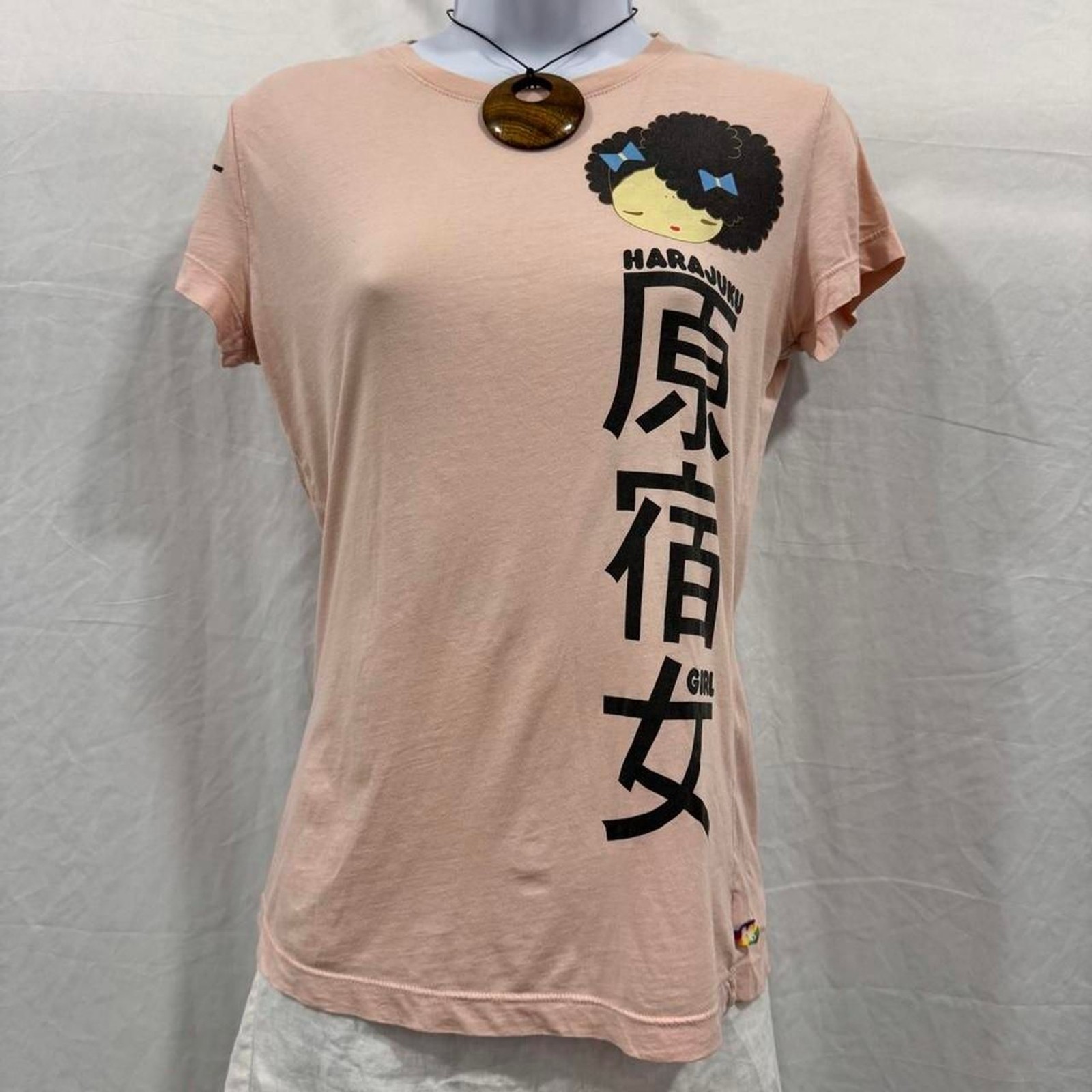 Harajuku Lovers Pink Anime Girl T Shirt Size Medium Kawaii Rainbow Graphic Y2K image 2