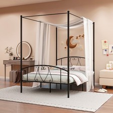 Double Size Metal Canopy Bed Frame 4-Poster Contemporary Platform Wood Slat