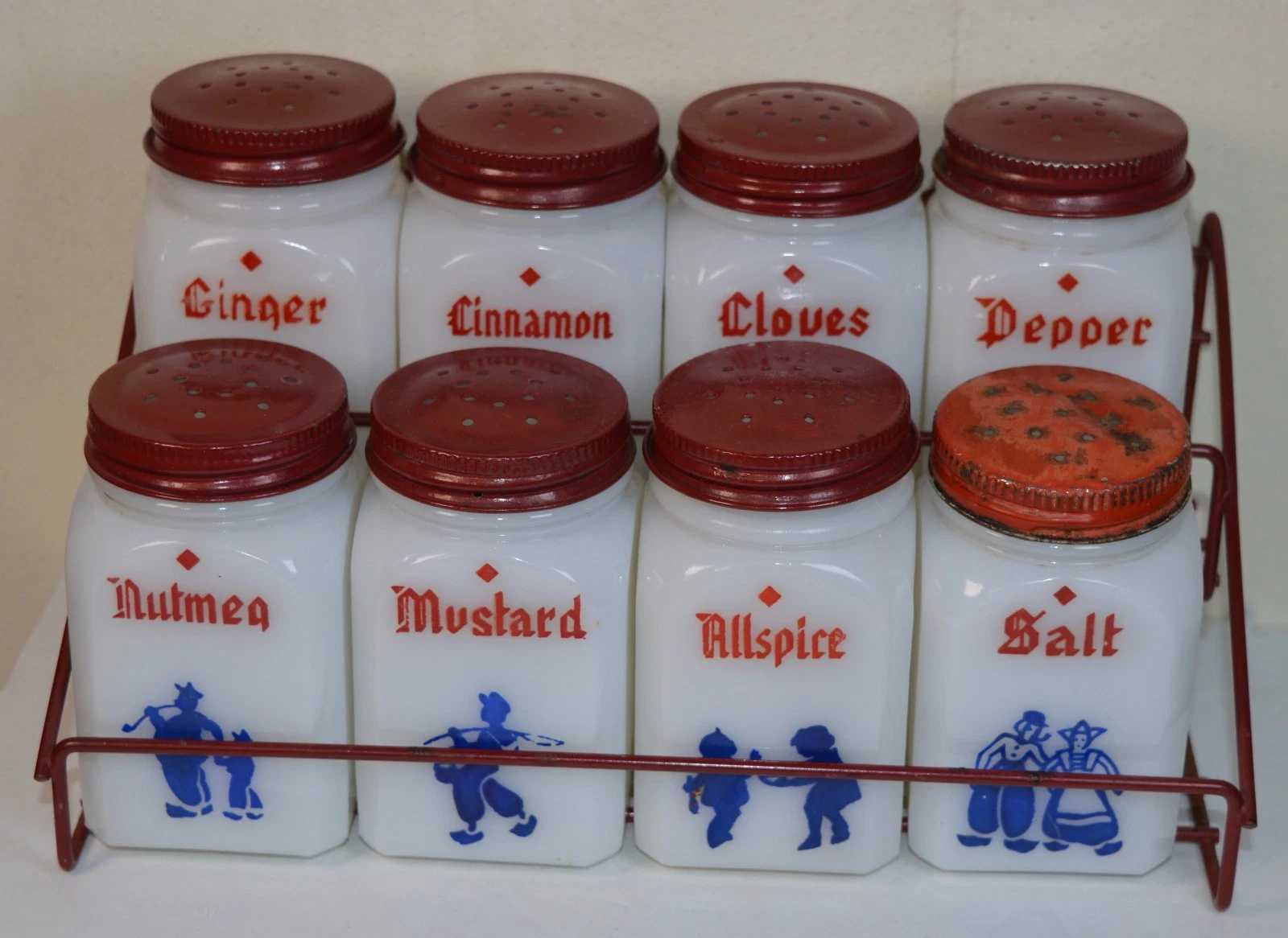 8 Hazel Atlas / McKee Milk Glass "Dutch" Spice Bottles with Rack - Very Nice