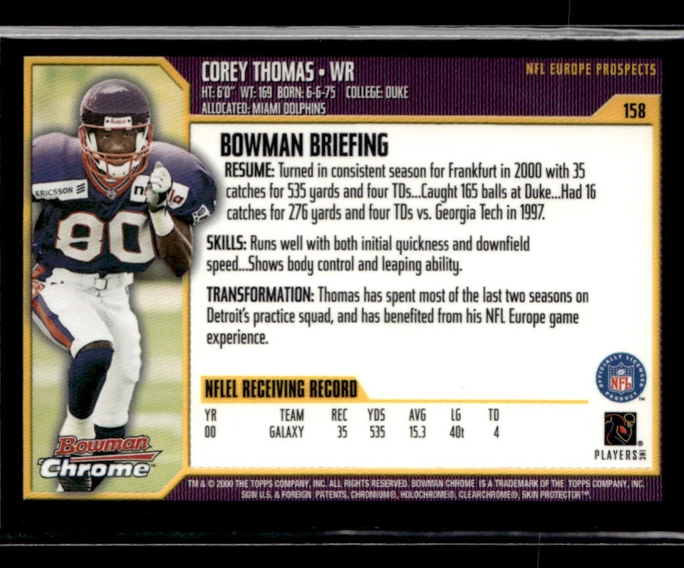 2000 Bowman Chrome #158 Corey Thomas Card Frankfurt Galaxy - Image 2 of 2