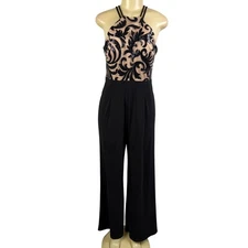 Nightway Womens Black Sequin Embellished Halter Jumpsuit Mesh Overlay Size 8