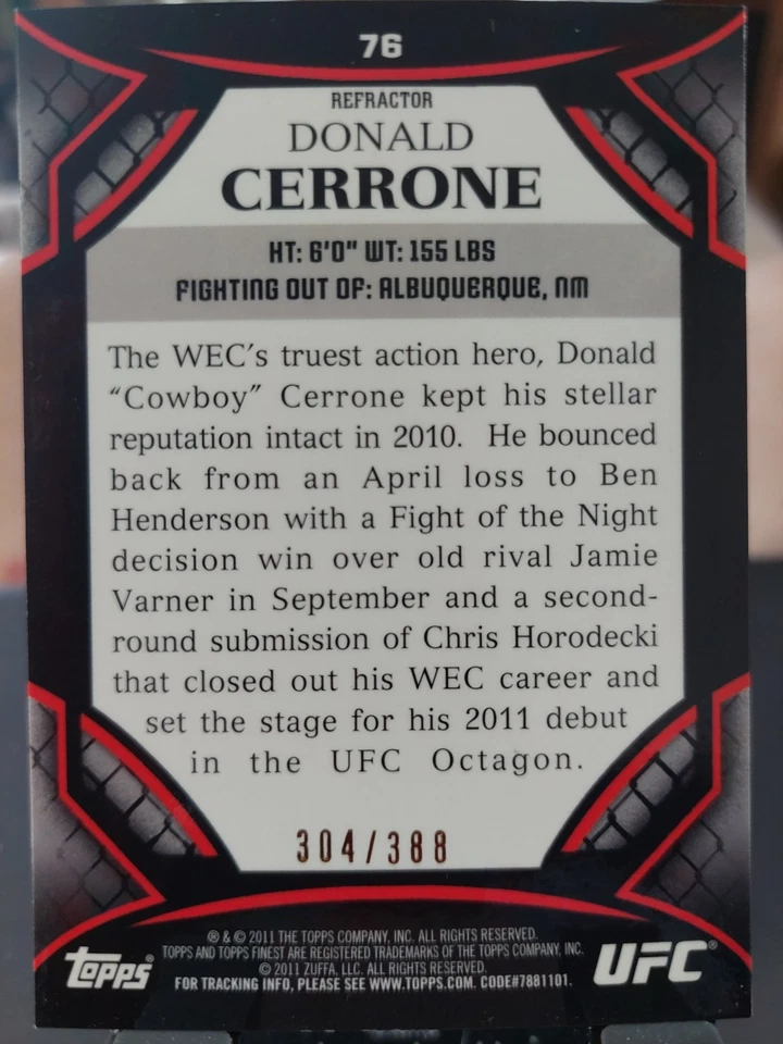 Donald Cerrone #76 Debut 2011 Topps UFC Finest X-Refractor #304/388 - Image 2 of 2