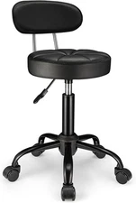 PU Leather Rolling Stool with Back Support Height Adjustable one size, Black 
