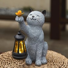 Solar Cat Garden Statue Outdoor Decor, Cat Sculpture with Lantern and Butterfly