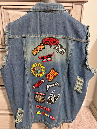 80's Retro / Costume Denim Vest w/Heavy Metal Patches, Bonus Mullet Wig Incl.