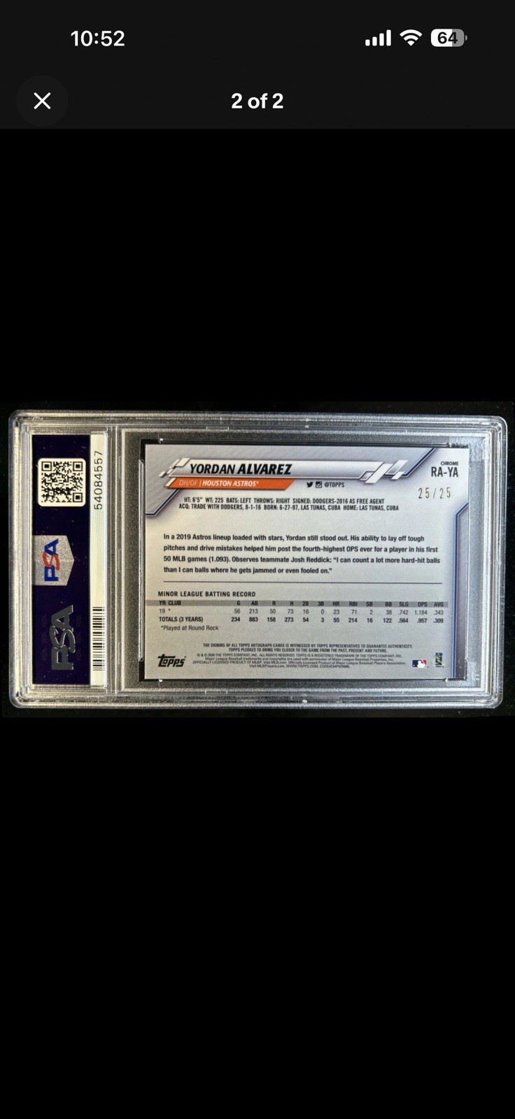 2020 Topps Chrome Yordan Alvarez Rookie Auto RC Orange Wave Refractor #/25 PSA 9 view 2