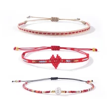 Beads Weave Love Heart Pearl Stackable Bracelet for Women 3PCS/set Red Trend Boh