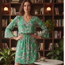 NWOT A New Day Green Floral VNeck Bell Sleeve Mini Dress Women Small Boho Spring