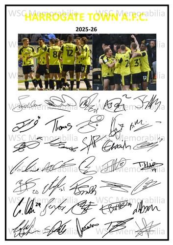 12276. 2025-26 Harrogate Town Signed Team Photo Sheet (PRINTED AUTOGRAPH - A4)