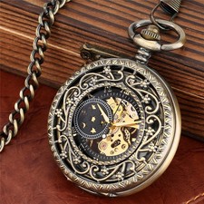Steampunk Pocket Watch Floral  Vine Engraved Case Mechanical with Chain for Men
