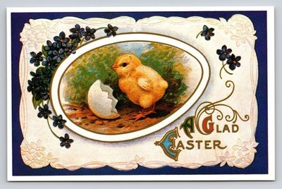 Vintage Easter Postcard Chick Hatching Egg Floral Design Made in Hong Kong