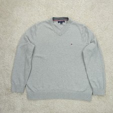 Tommy Hilfiger V Neck Jumper Mens Large Grey Cotton Minimal Preppy Classic Logo