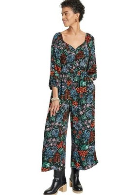 Knox Rose Women's Puff 3/4 Sleeve Jumpsuit Black Floral Size Medium 