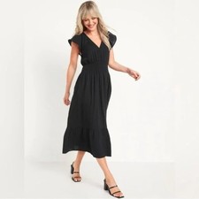 NWT Old Navy Black Flutter-Sleeve Cotton Midi Dress Small Boho Hippie Coastal