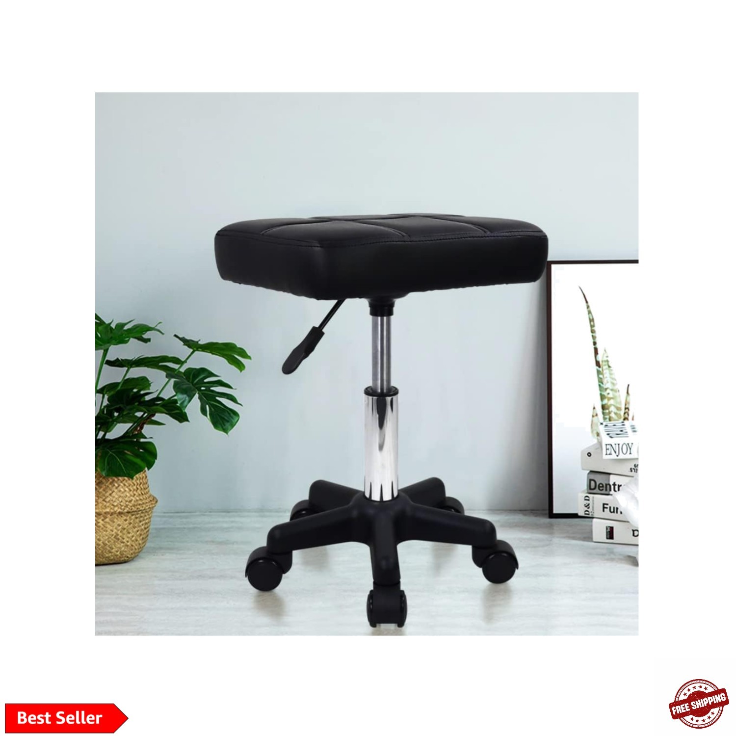 Rectangle Rolling Stool with Wheels Height Adjustable Swivel