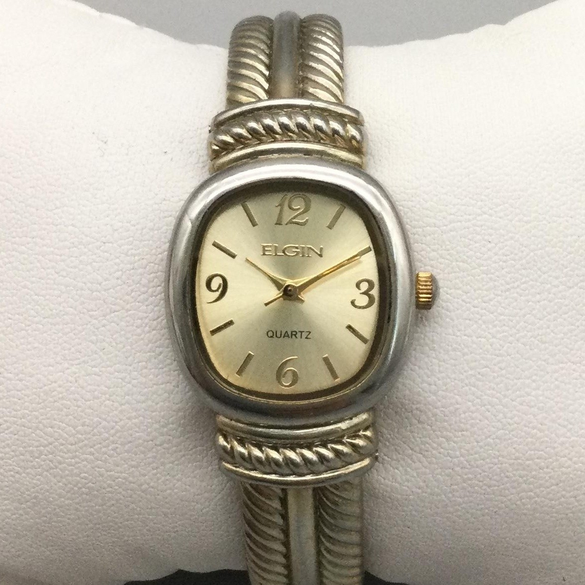 Elgin Womens Watch 23mm Silver Gold Tone Oval Dial Open Cuff New