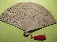 Vintage Balsa Wood Hand Held Carved Cutout Folding Fan with Red Tassel EUC