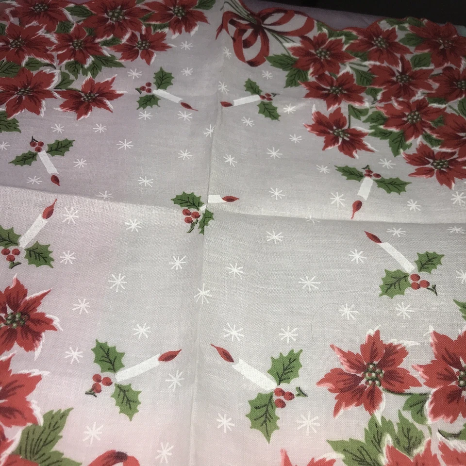 Pañuelo vintage navideño flor de pascua y velas borde festoneado Foto 3 de 4