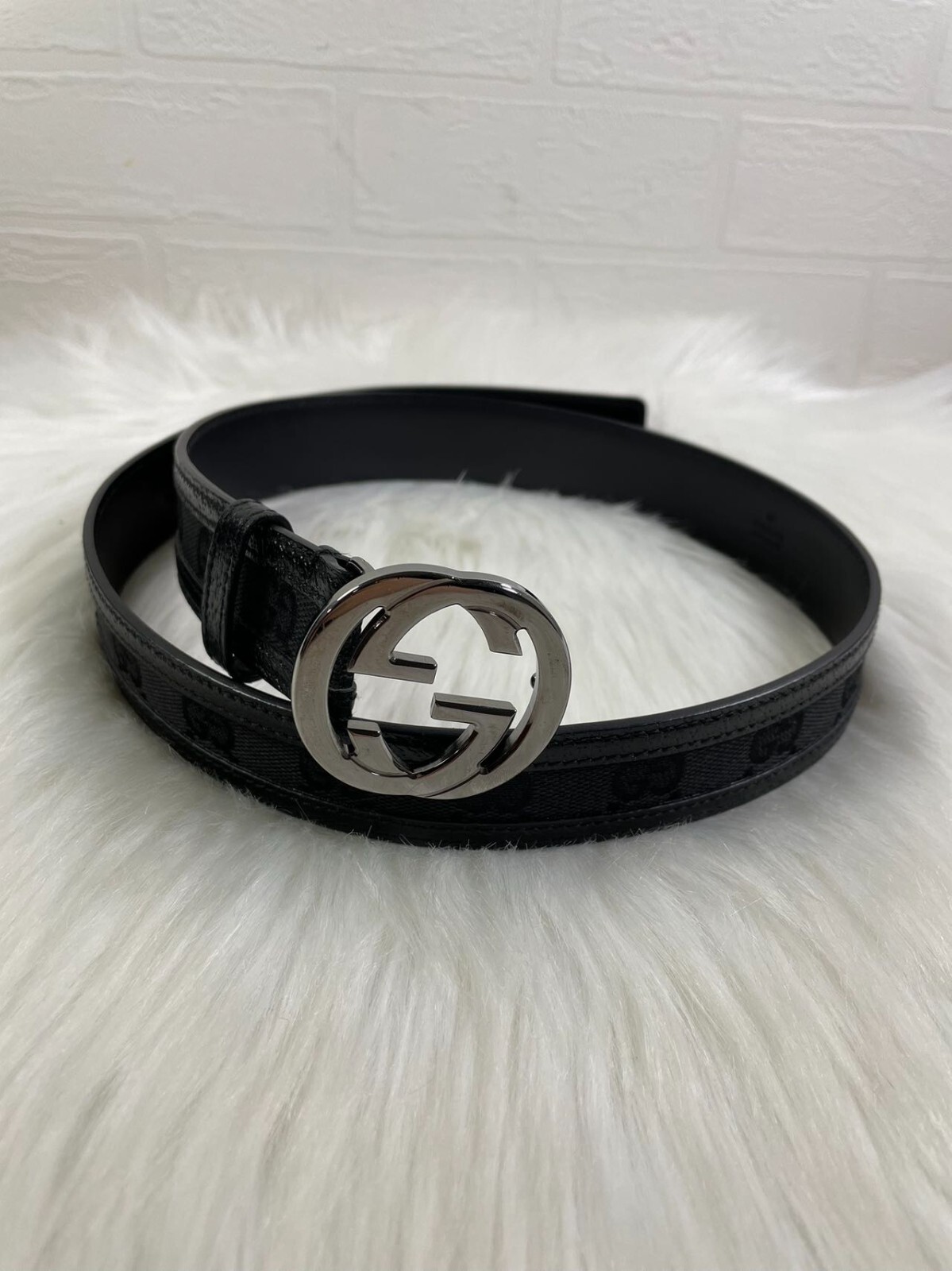Authentic Gucci GG Canvas Leather Belt Black 75-image