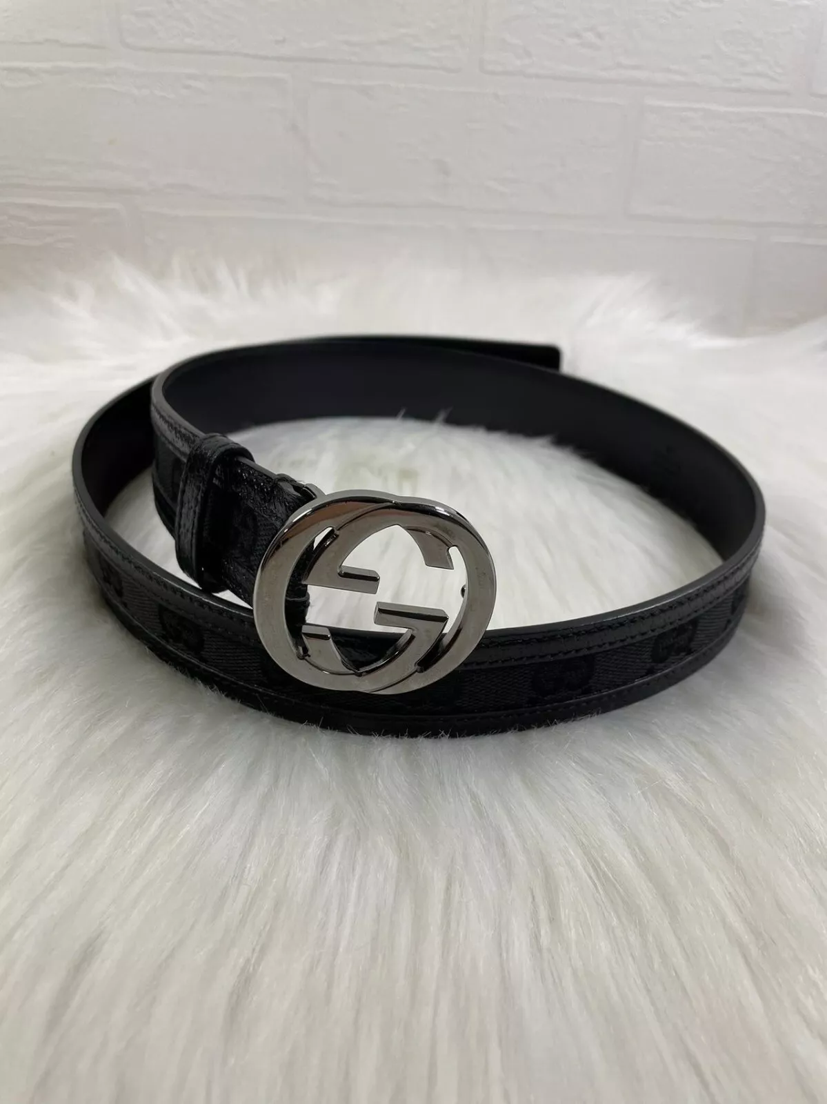Gucci GG ceinture toile cuir noir 75 authentique