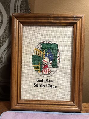 Vintage 1980s God Bless Santa Claus Cross Stitch Girl Praying 