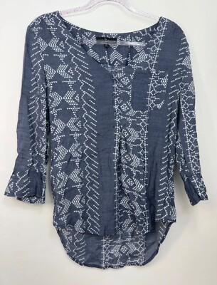Fred David Blue and White 3/4 Sleeve V-Neck Tunic Top Women Size S