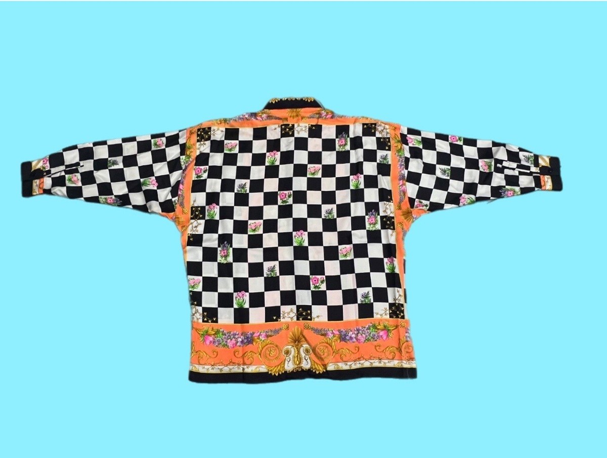Gianni Versace Vintage 90s Silk Shirt Size IT 48 Checkered Floral