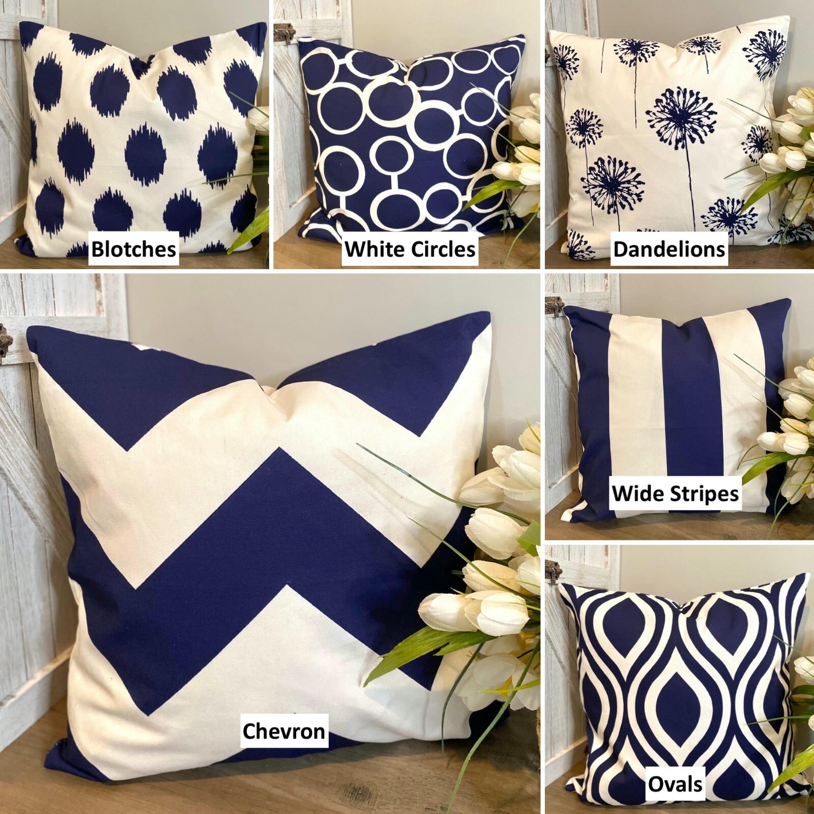 Pillow Covers,Blue White Navy,Multiple Designs & Sizes,Accent Throw Sofa Pillows-image