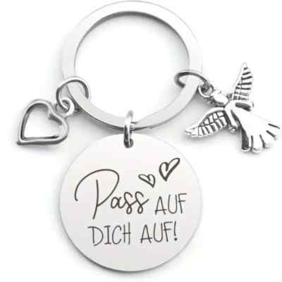 Schlüsselanhänger ''Pass auf dich auf'' aus Metall mit Schutzengel und Herz