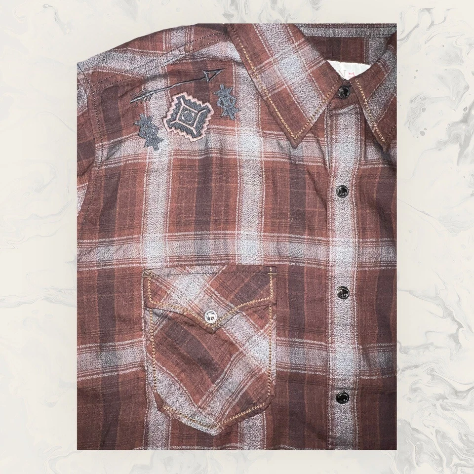 Ryan Michael Western Azteca Bordado Manga Larga Marrón Botón a Presión Hombre’s XL Foto 4 de 4