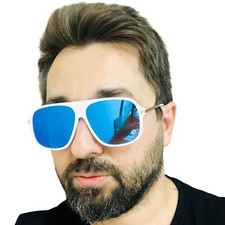 Aviator Sunglasses White Frame Blue Lens Men's Fashion Retro Luxury Square Trend