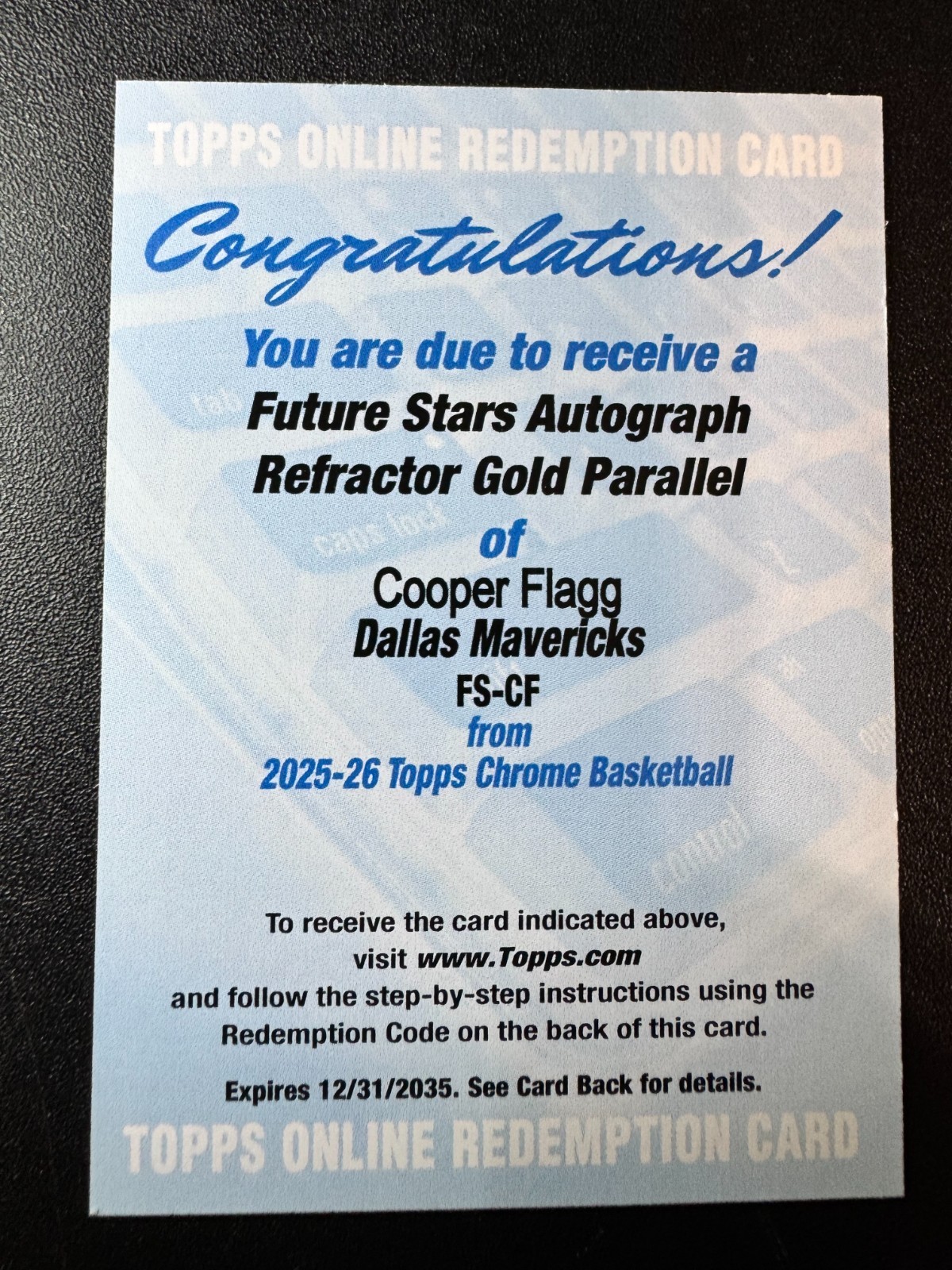 2025-26 Topps Chrome Cooper Flagg Future Stars Auto Gold RC Redemption /50