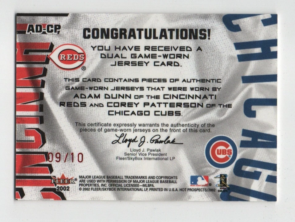Fleer Hot Prospects MLB 2002 Hot Tandems 9/10 Adam Dunn Corey Patterson #AD-CP Foto 2 de 2