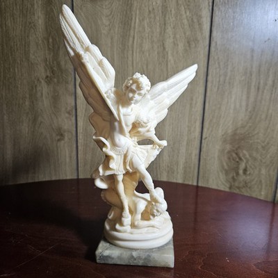 Vintage A Santini St Michael Archangel Statue Alabaster Made in Italy 9.25  Mint