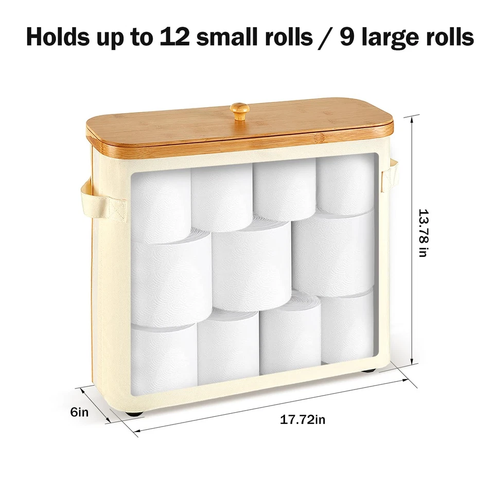 Cesta de almacenamiento de rollos de inodoro, soporte de bambú con asa, diseño plegable, beige Foto 2 de 4