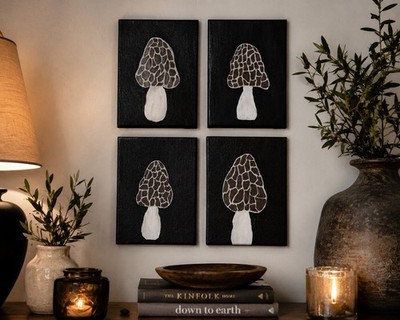 Original Morel Mushroom Painting Set of 4 Hand Painted Woodland Canvas Art 5x7