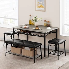 Kitchen Table Set for 4 Dining Table with Bench and 2 Square Stools Storage USA