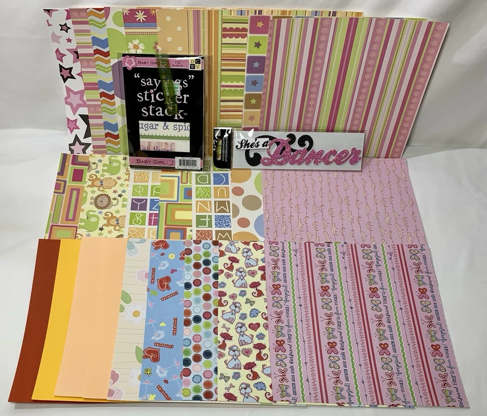 8x8 Cardstock Lot - 26 Sheets - Little Girl Themed - Vellum Pack + Embellishment - Image 3 of 4