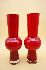 Hand Blown Glass Vases Balun Set of 2 in Red to Clear Base MCM 14" High