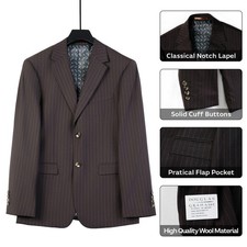 Men's brown striped Merino wool 2-piece suit with stretch, evening wear NWT