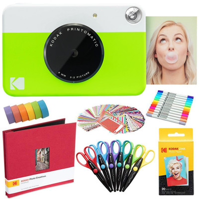 Kodak Printomatic Instant Camera Green Art Bundle Zink Paper 20 Sheets 8X8