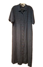 Vintage Kiko M Dark Blue Long Linen Dress Button Front Textured Bodice
