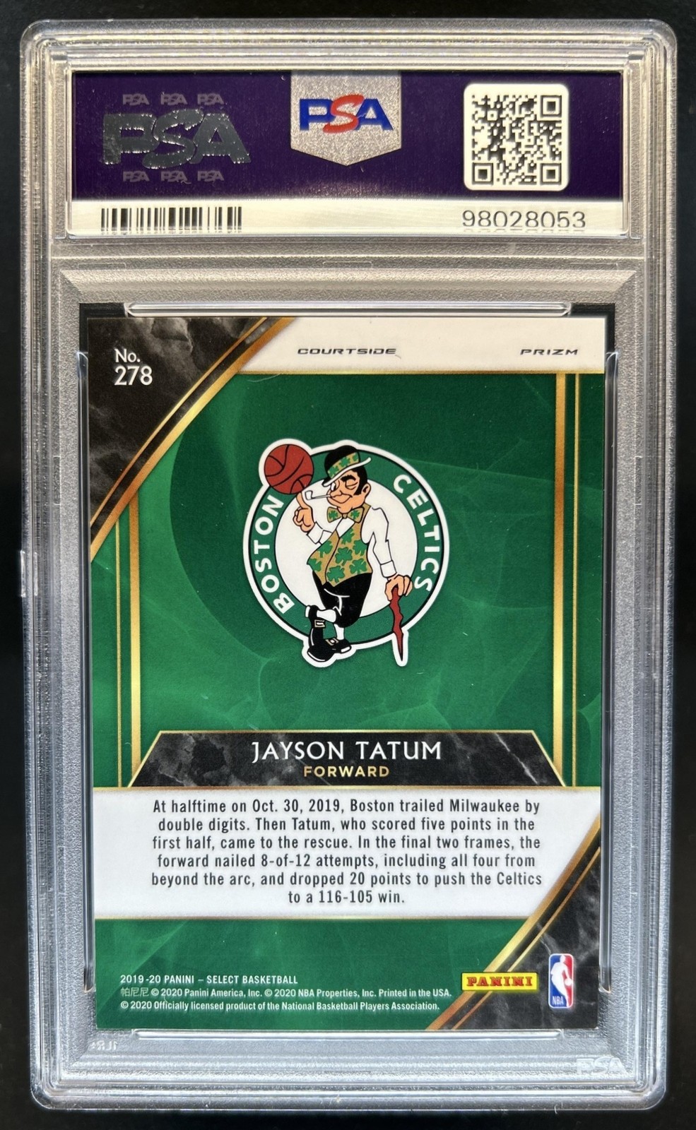2019-20 Panini Select Jayson Tatum Zebra Prizm SSP Courtside #278 Celtics PSA 9 view 2
