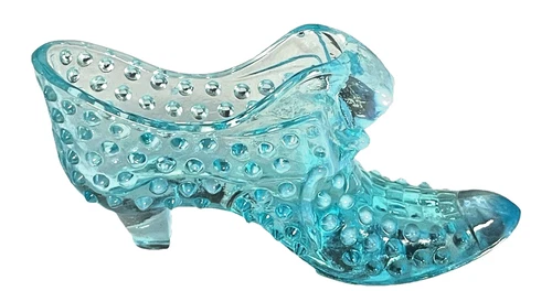 Ice Blue Fenton Cats Head Opalized Hobnail Art Glass Shoe Slipper Figurine