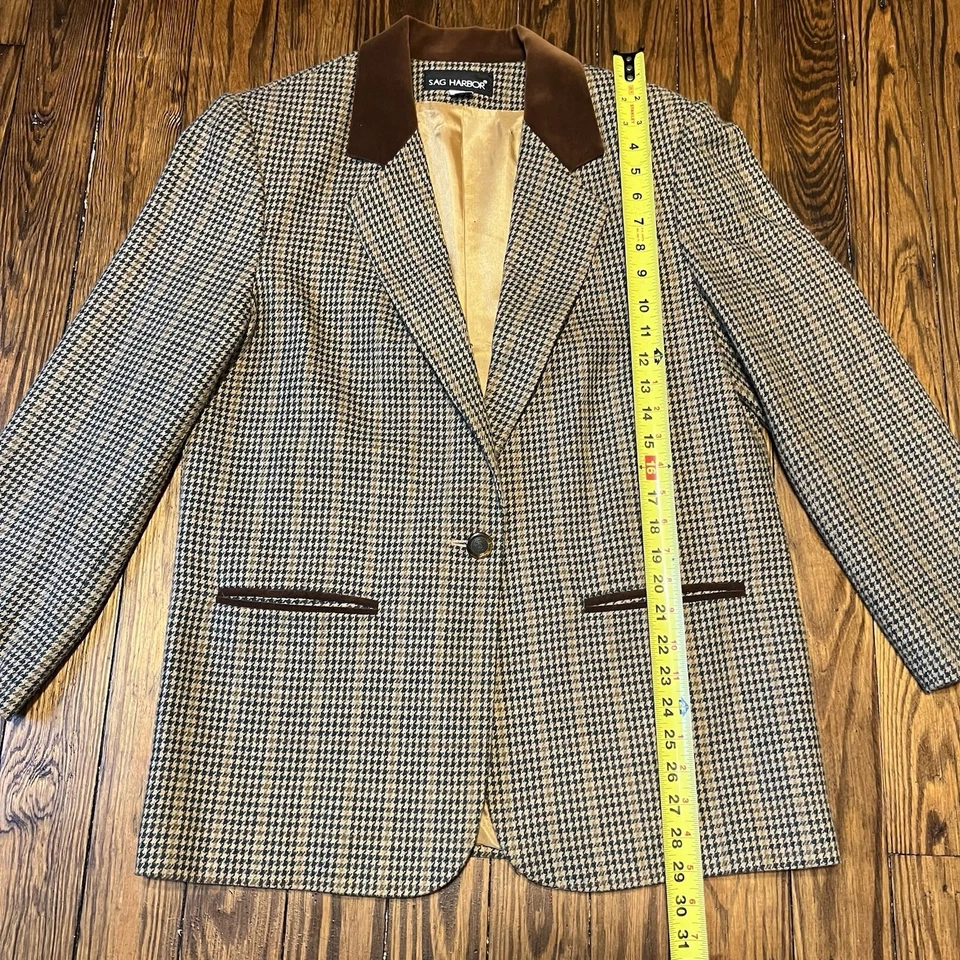 Blazer de pata de gallo marrón de colección para mujer, talla 10, mezcla de lana, detalles de gamuza, preppy Foto 2 de 4