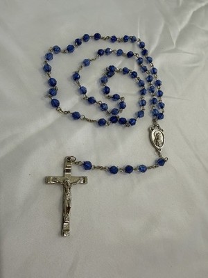 Catholic Rosary Necklace Royal Blue Faceted Acrylic Beads Our Lady of Sorrows