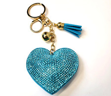 Heart Rhinestone Bling Bag Charm Keychain Tassel Blue Sparkle NEW